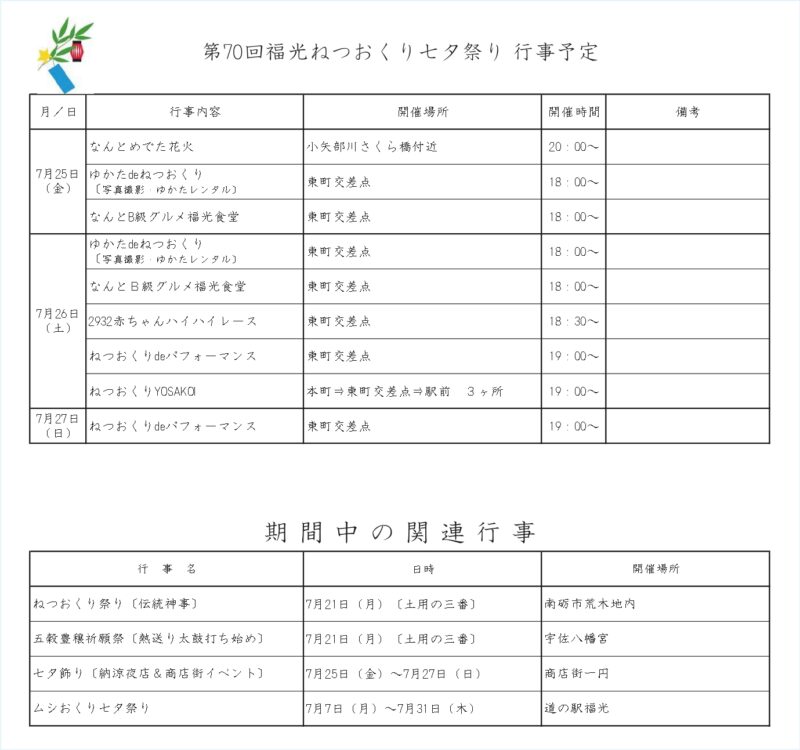 2025年福光ねつおくり七夕祭り 行事予定