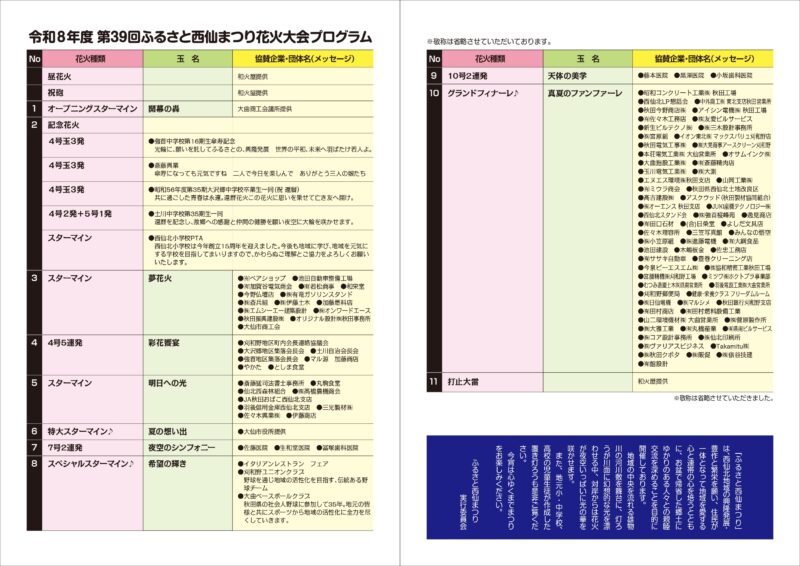 2026年ふるさと西仙まつり花火大会プログラム裏面