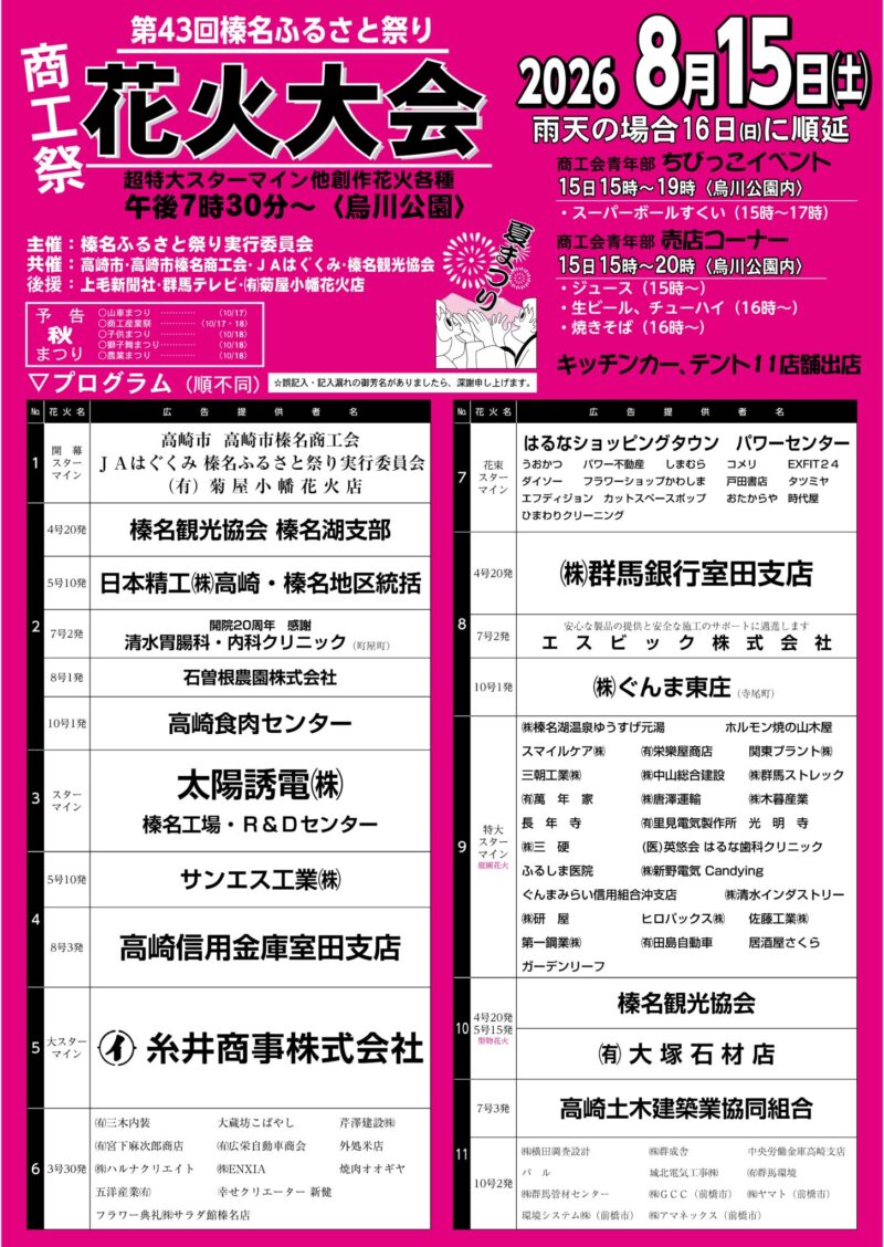 2026年榛名ふるさと祭り商工祭花火大会