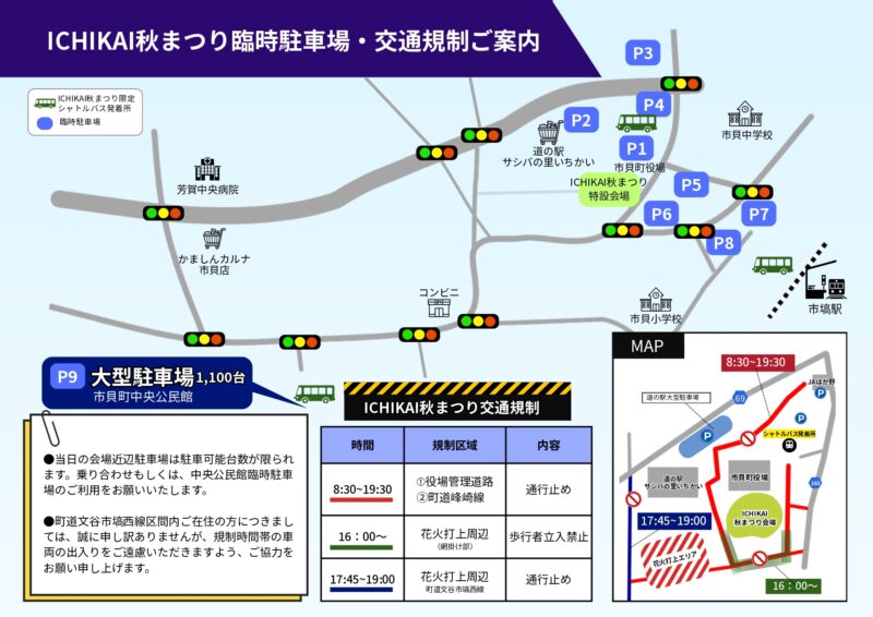 2026年ICHIKAI秋まつり臨時駐車場・交通規制案内表面