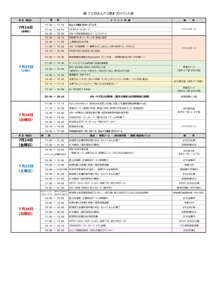 2026年もんべつ港まつりイベント表