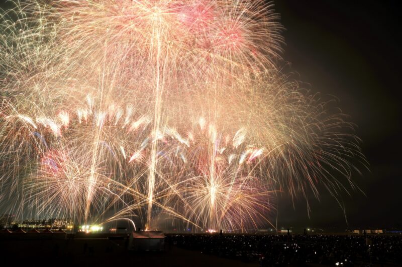 桜島と芸術花火(鹿児島県鹿児島市)
