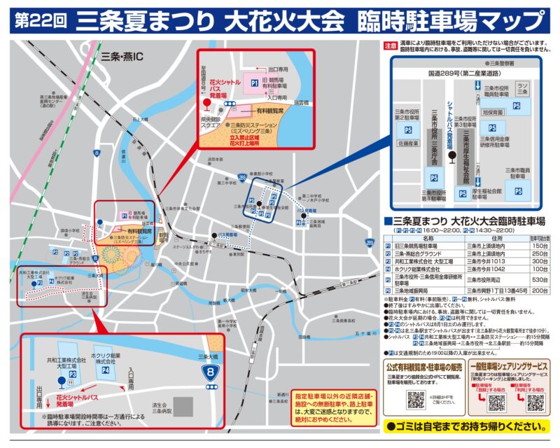 2026年三条夏まつり大花火大会臨時駐車場マップ