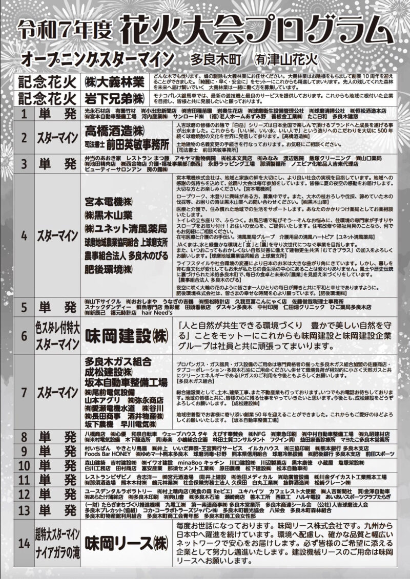 2025年多良木町ゑびす夏まつり花火大会プログラム